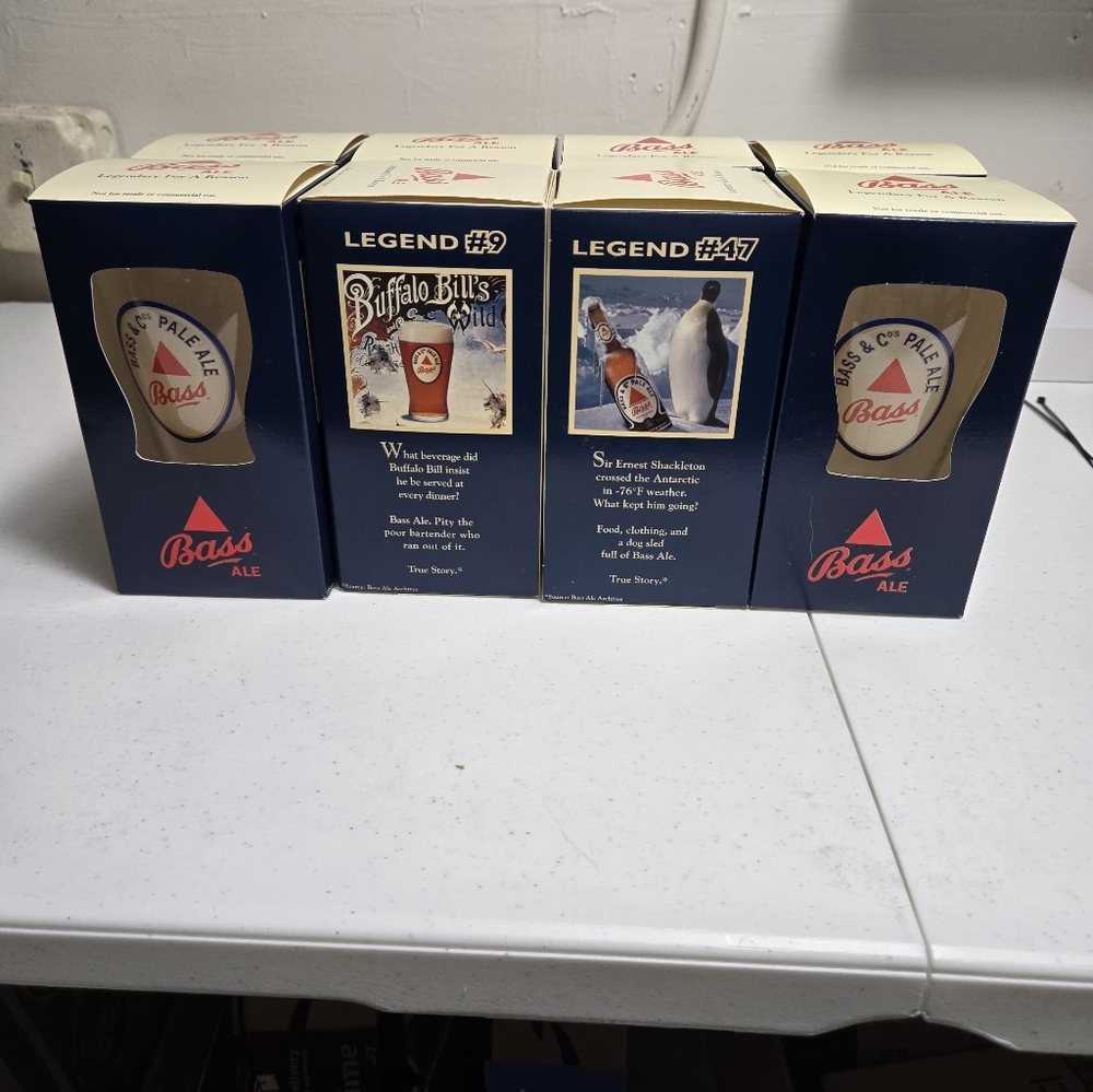 4 Bass Ale beer glasses, UK iconic ale favored by Buffalo Bill, New In Box.